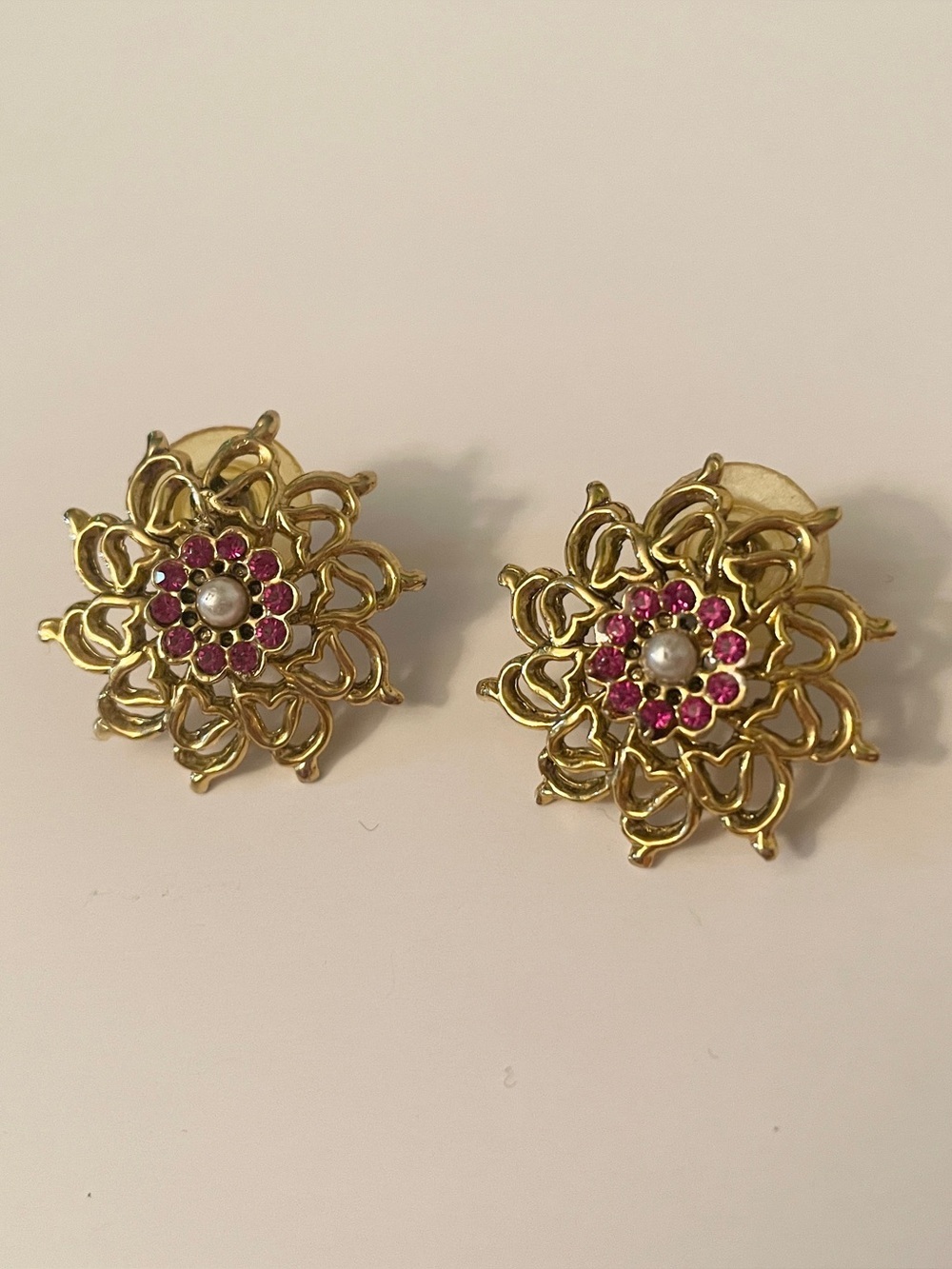 Vintage Gold Tone Faux Pearl & Pink Rhinestone Floral Starburst Stud Earrings